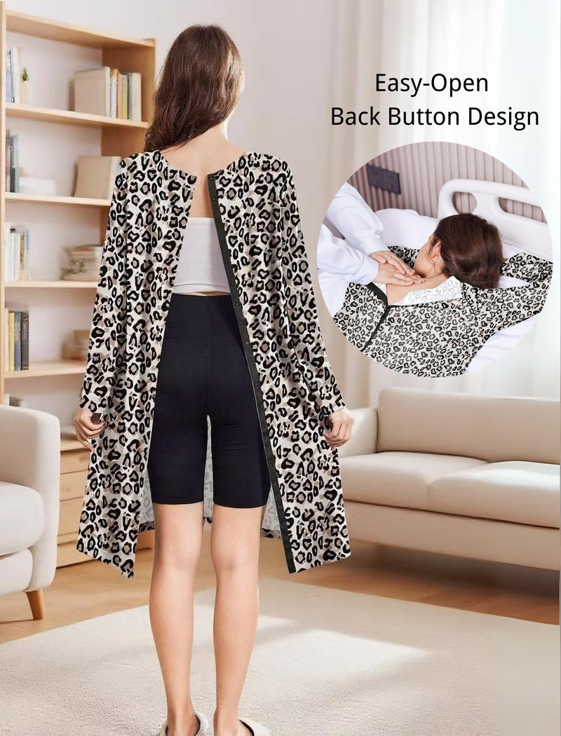 Deyeek Open Back Hospital Gowns for Women Post Shoulder Surgery Tear Away Snap Chemo Port Adaptive Clothing with Pockets Leopard Large
