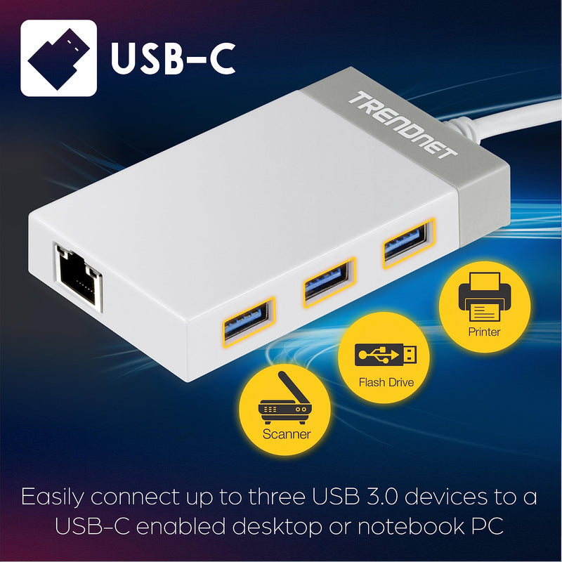 TRENDnet USB C to Ethernet Gigabit Adapter, TUC-ETGH3, Compact USB Type C Hub, 3 x USB 3.0 Ports, 1 x RJ-45 Gigabit Ethernet Port, Windows and Mac Compatible, White USB-C 1 x Gigabit| 3 x USB