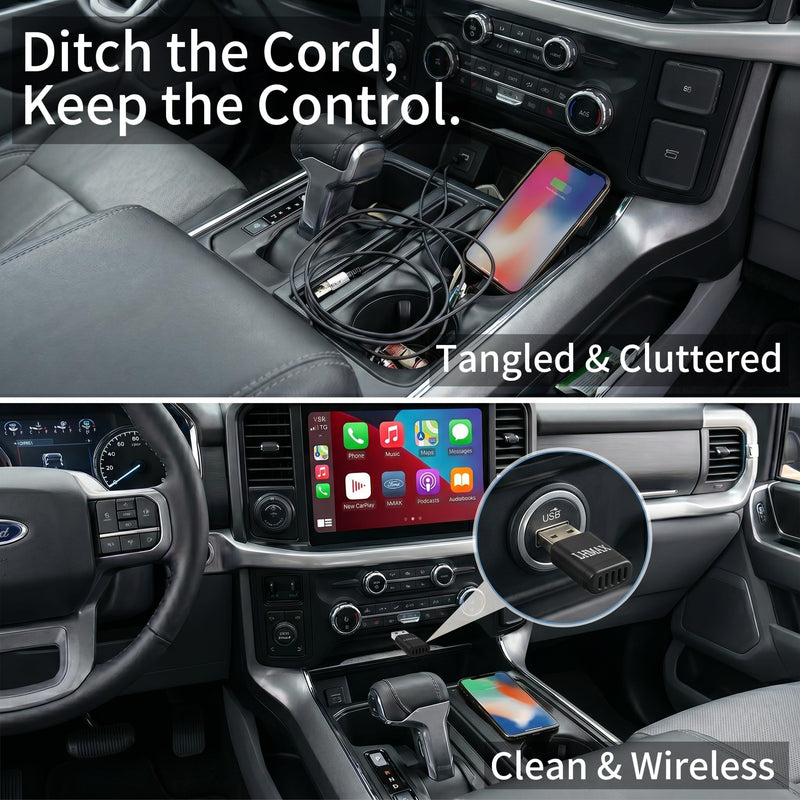 Ultra-Compact 2 in 1 Wireless CarPlay & Android Auto Adapter | Stealth dongle plugs flush into your USB-C or USB-A ports, clearing dash clutter without blocking cup holders.