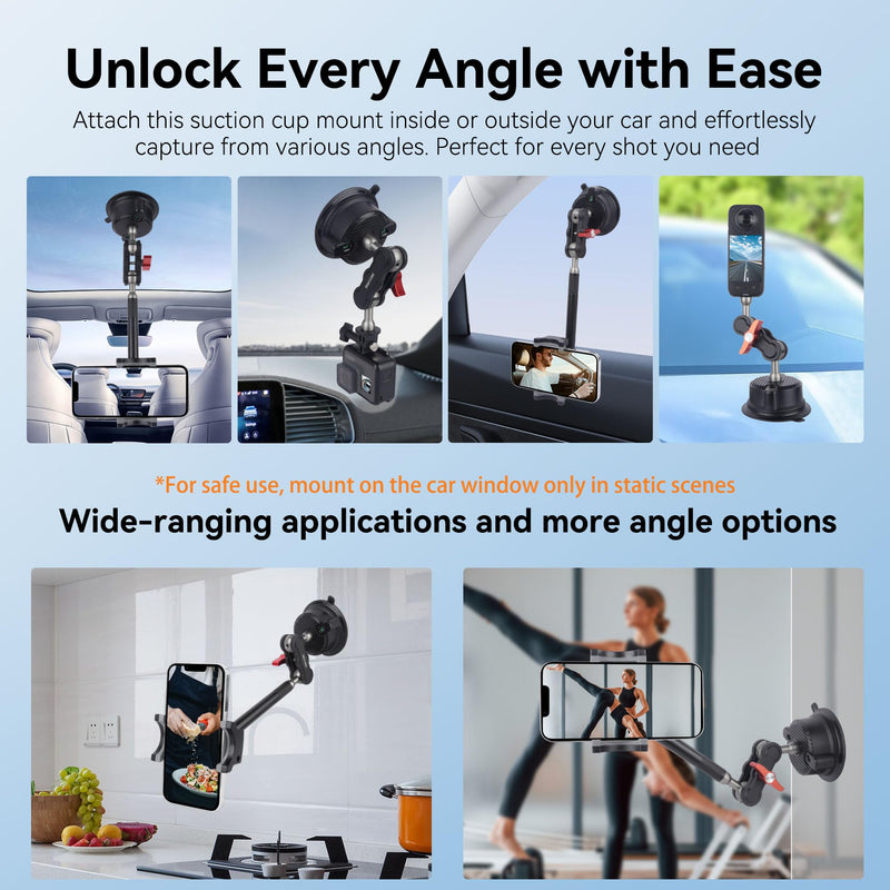 Suction Cup Car Phone Mount, 360°Rotating Car Phone Holder Video Recording, Universal Ball Head Arm for Cellphone Car Holder, Heavy Duty Car Phone Mount for Dashboard, Windshield-SJ003 (Extended) Extended