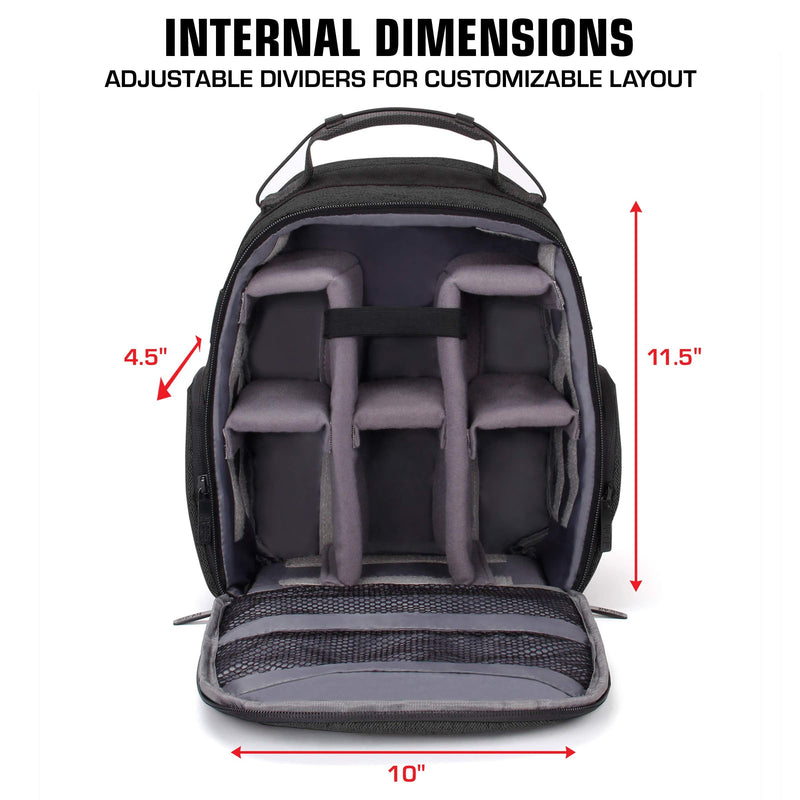 USA Gear Portable Camera Backpack for DSLR with Customizable Accessory Dividers, Weather Resistant Bottom and Comfortable Back Support - Compatible with Canon, Nikon, Sony, Fujifilm, and More (Black) Compact Black