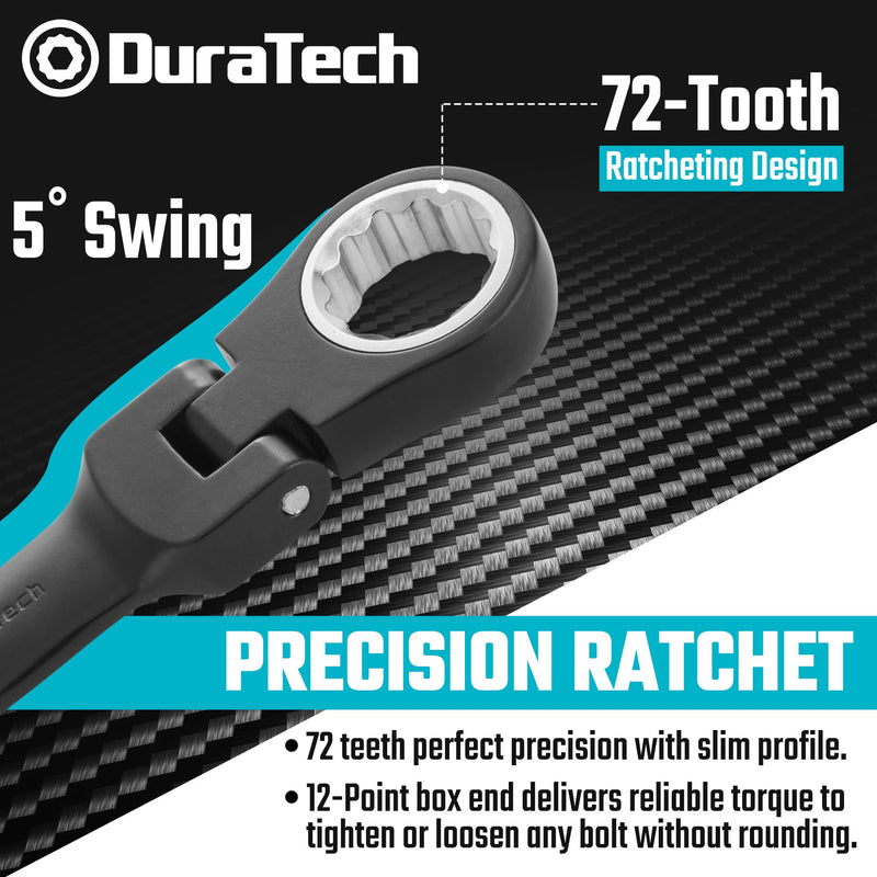DURATECH Stubby Flex-head Ratcheting Combination Wrench Set, SAE, 8-piece, 5/16" to 3/4", CR-V Steel, Black Electrophoretic Coating, with Rolling Pouch