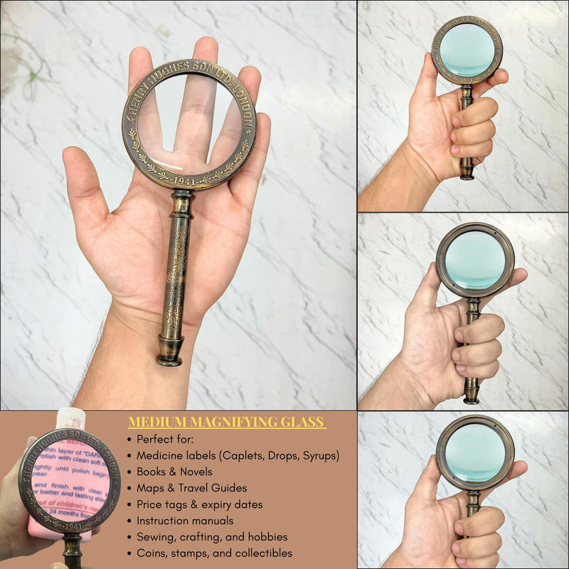 Large 10x Brass Magnifying Glass by The Magic Bella – Antique Henry London Engraved Solid Brass Magnifier with Optical Lens, Vintage Marine Style, Leather Case for Reading & Coins Large