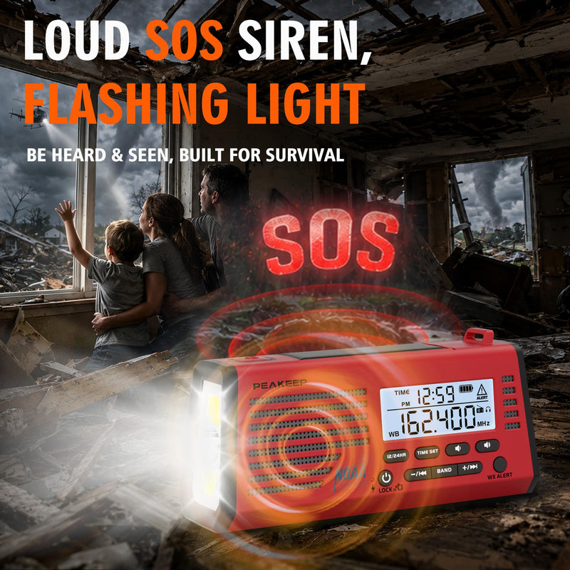 Peakeep Emergency Radio NOAA Weather Alert Battery Solar Crank Powered | AM FM SW Portable Radio, Rechargeable Battery Backup18500mWh, SOS Flashlight Lamp for Home Car Camping Storms Blackouts Prep Red with Black