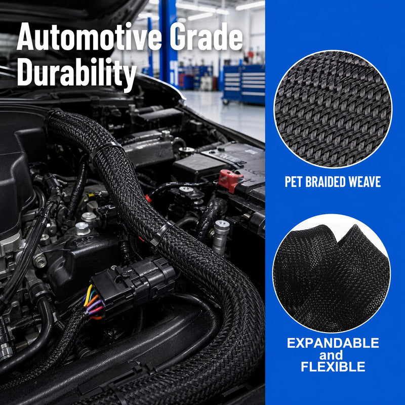 32ft 1" Expandable Cable Sleeving, Braided PET Wire Cover Cord Management | Black PET Braided Flexible Cable Sleeve, Anti-Scratch Wire Loom for Automotive Wire Harness Hydraulic Hose 32ft - 1"