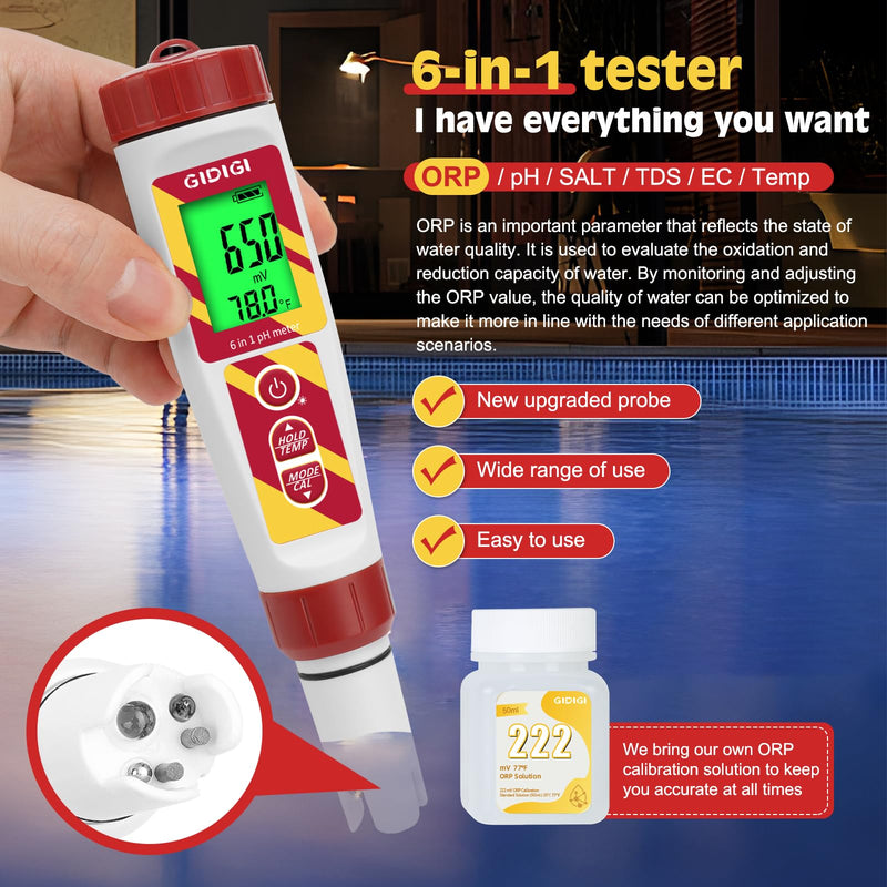 6 in 1 pH Meter Salt Tester TDS EC Pen for Pool Water | Digital Salinity Pen for Water Pool, Calibration Kits Included, High Accuracy Salinity pH ORP EC and TDS Meter | Digital Salinity Pen for Water Pool, Calibration Kits Included, High Accuracy Salin...