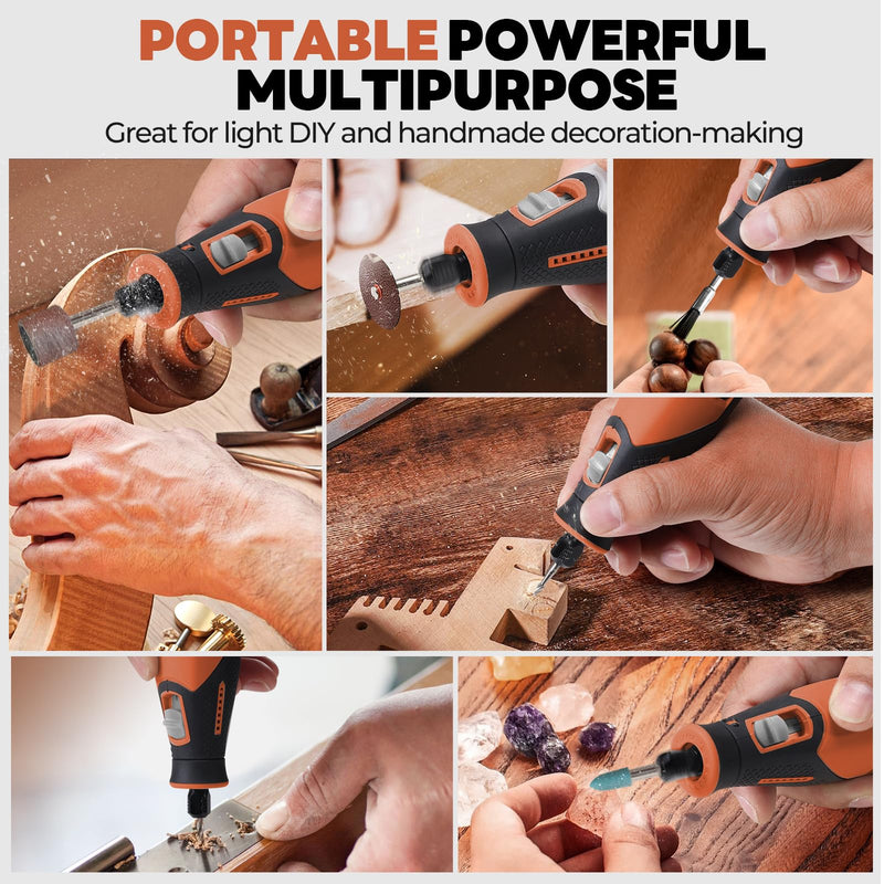 Rotary Tool - 4V Rotary Tool Cordless, Rotary Tool Accessories 64 PCS 2500mAh Battery, Preset 5 Speed Adjustment Grinder Tool for Cutting Sanding Carving Polishing Engraver DIY Crafts (Orange) Orange