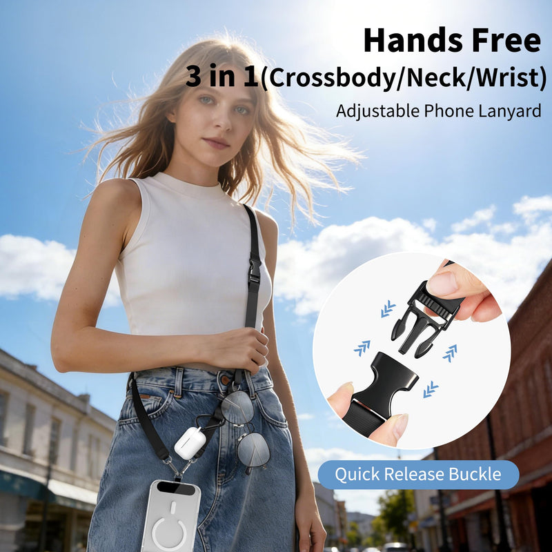 CACOE 3-in-1 Phone Lanyard Adjustable Crossbody Neck Strap for Smartphones | Detachable Wrist Lanyard, 2 Patches, Cellphone Shoulder Sling, Travel Essential, for Men Women, Universal Phone Holder, Black