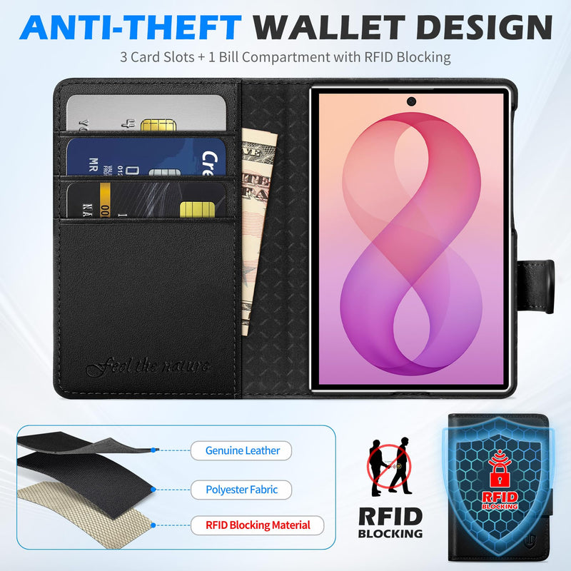 SHIELDON Genuine Leather Wallet Case for Galaxy Z Fold 8 (7.6" 2026), Black | Magnetic Closure, RFID Blocking, Credit Card Holder, Kickstand, Folio Design, Full Protection, Shockproof Phone Cover