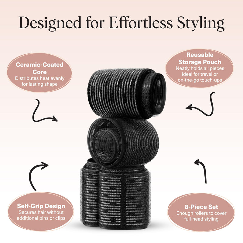Kitsch Ceramic Thermal Hair Rollers Set 8pcs - Black | Hair Curlers Rollers for Perfect Curls, Hot Rollers Kit for Long Hair, Hair Rollers for Long Hair, Ceramic Coated 8 count (Pack of 1)