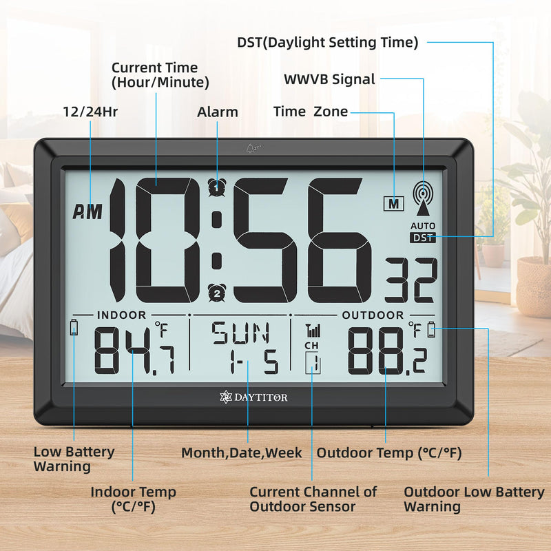 Atomic Clock Wall with Indoor/Outdoor Temp, Battery Operated Digital Wall Clock with 10.5" Large LCD Display, 330ft Range Desk Table Clock with Alarm, DST, Calendar for Living Room Bedrooms, Black