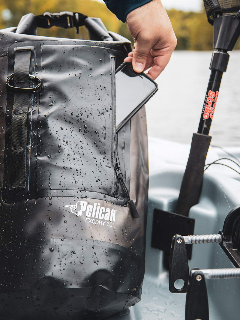 Pelican ExoDry 30L Large Drybag - Waterproof - Backpack-Type Shoulder Straps - Thick & Lightweight - Roll Top Compression - Keeps Gear Dry for Kayaking, Rafting and Fishing - Black
