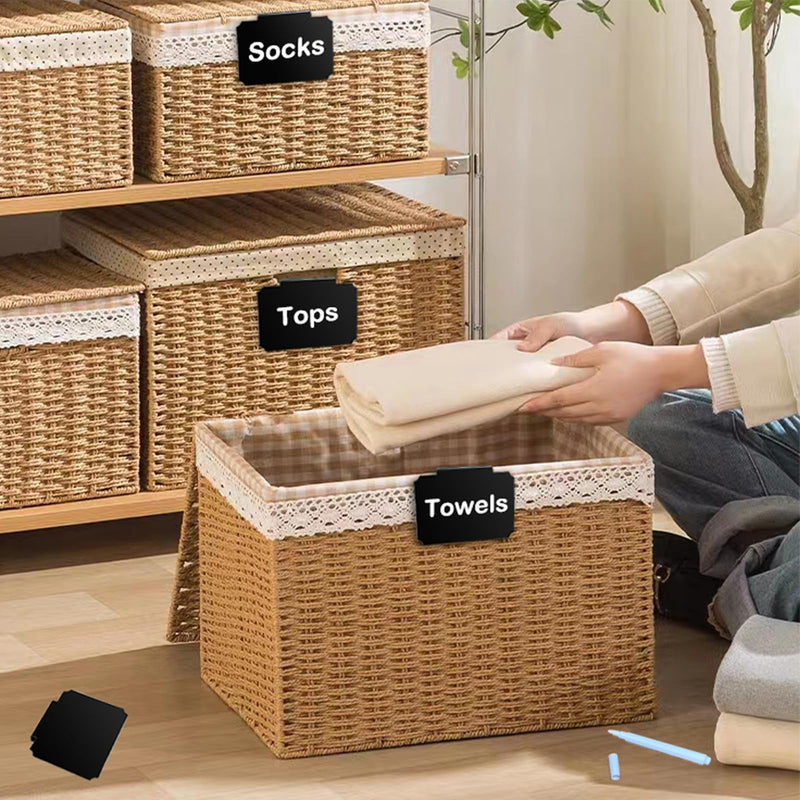 20 Basket Labels Clip On, Reusable Labels for Storage Bins, Removable Chalk Labels for Containers, Kitchen Closet Baskets and Storage Basket Holders with 2 White Chalk Markers Rectangular 20
