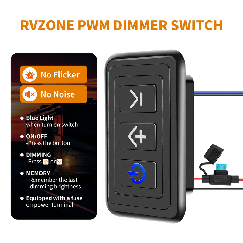 12V Dimmer Switch | 12-24 Volt High Side PWM Dimmer RV Light Dimmer for RV Light LED Interior Lights LED Light Fixture, Halogen, Incandescent, Used for RV, Auto, Camper, Trailer Van Truck, Boat Black/Max Power 360W