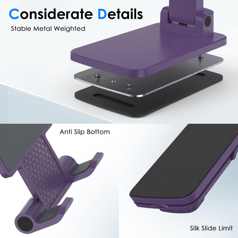 Cell Phone Stand for Desk, Adjustable Height & Angle Phone Holder, Foldable Portable Stand with Anti-Slip Silicone Pad, Compatible with iPhone and All Smartphones 4–8 Inch, Purple
