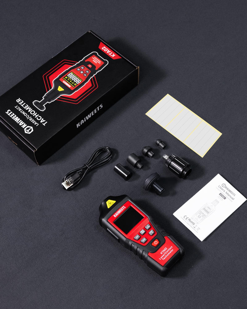 KAIWEETS 2-in-1 Laser & Contact Tachometer with Rechargeable Battery, Photo Sensor 10-99999RPM and Contact 1-19999RPM High Accuracy RPM Meter with Backlight Hold/MAX/MIN/AVG, HI/Low Alarm Function