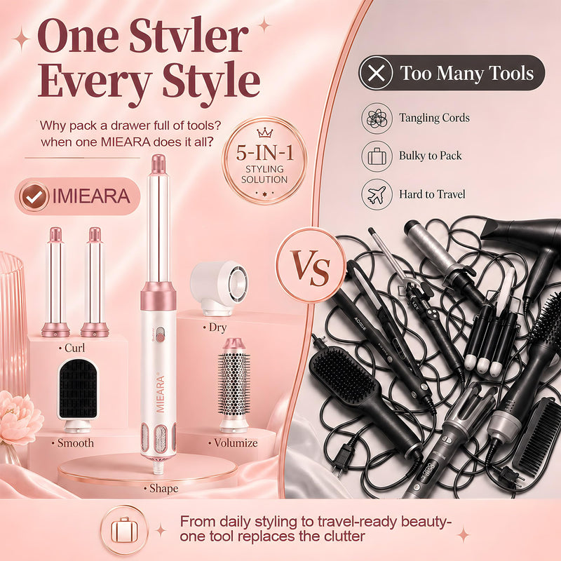 5 in 1 Hair Styler & Air Styler, 1000W Ionic Hair Dryer with 3 Heat Settings, Auto Wrapping Hair Curlers, Hot Air Brush, Straightening Brush for Quick Styling and Volumising for All Hair Types Peachy