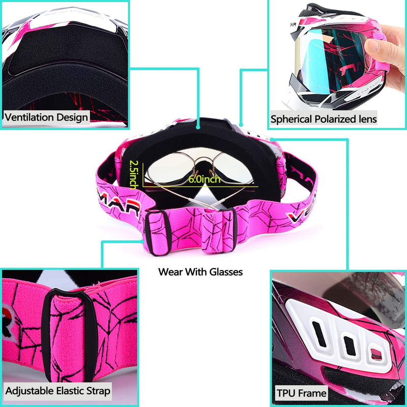 Motorcycle Motocross Goggles ATV Racing Goggles Dirt Bike Tactical Riding Motorbike Goggle Glasses, Bendable Windproof Dustproof Scratch Resistant Protective Safety Glasses (Pink) Pink