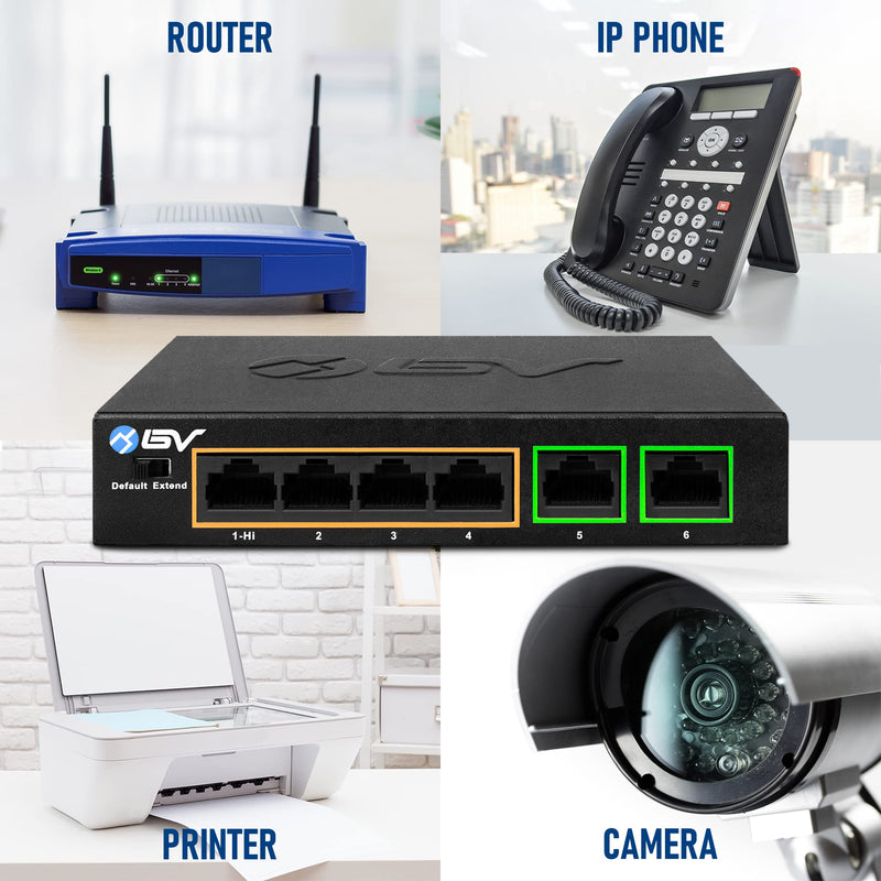 BV-Tech 6 Port PoE+ Switch 4 PoE+ Gigabit Ports with 2 Gigabit Uplink – 60W – 802.3at + 1 High PowerPort | Desktop Fanless Design | Sturdy Metal Housing Gigabit-2 Uplinks