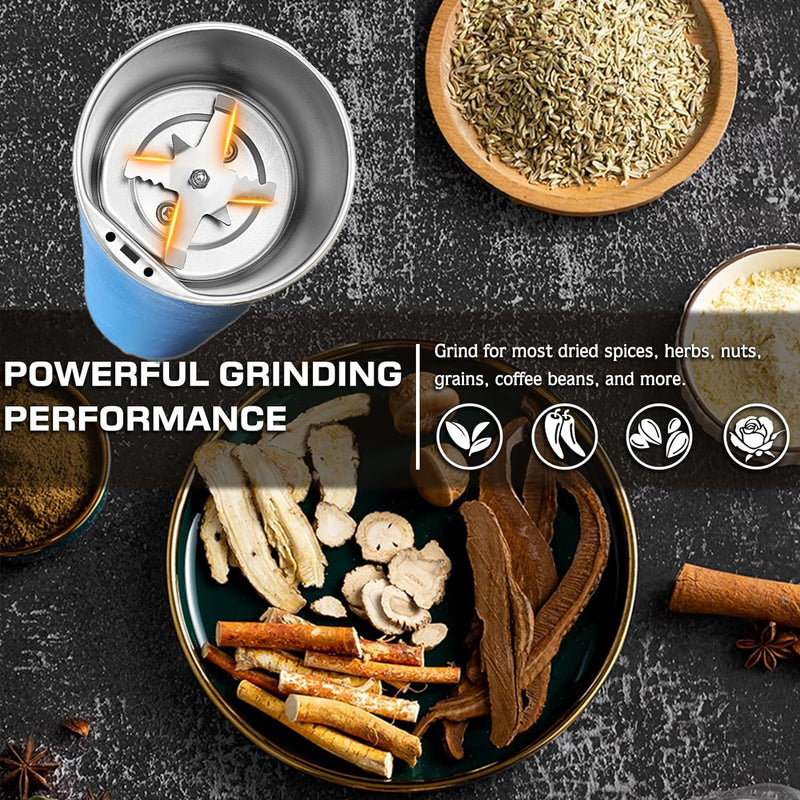 Electric Herb Grinder 200W Powerful Fast Grinding for Dry Spices Flower Buds with Brush, Easy On/Off One-Touch Push Button Powder Grinder Perfect For Herbs, Spices, Nuts, Grains and Coffee Beans Blue