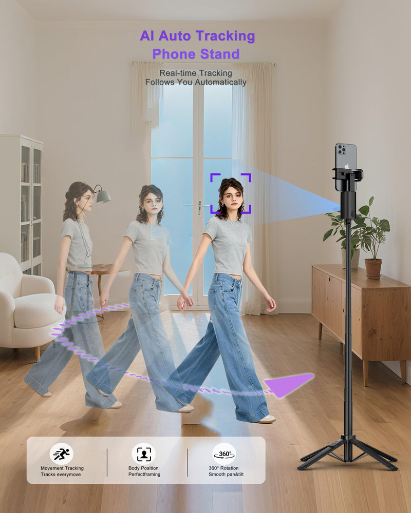 59" Extendable 360° Auto Face Tracking Phone Stand with Remote and Fill Light, No App Needed, Black Tracking Tripod for iOS and Android, Ideal for Content Creators and Video Recording Light+Black