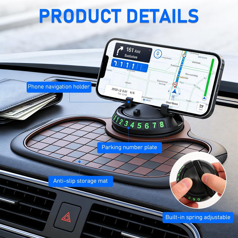 Brand Car Dashboard Non-Slip Mat, 360° Rotating Phone Holder, Anti-Skid Pad for ATV SUV Truck, Storage Organizer with Parking Number (Black) Black