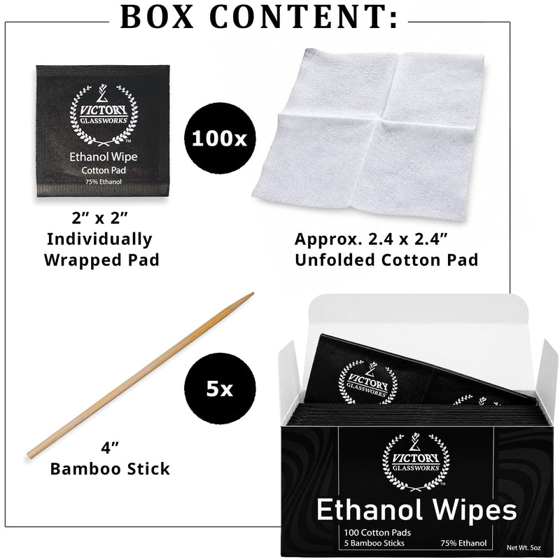 Victory Glassworks™ Ethanol Wipes, 75% Ethanol, 60mm x 60mm Cotton Cleaning Cloths, 100 Pack (100)