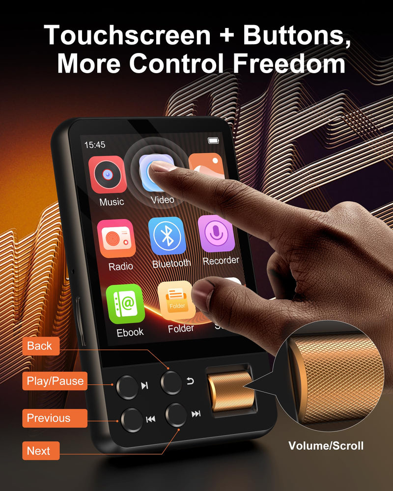 128GB MP3 Player with Bluetooth 5.4, AGXOV Music Player with Built-in HD Speaker, FM Radio, Voice Recorder, HiFi Sound, E-Book, Earphones Included 2.4‘’128GB