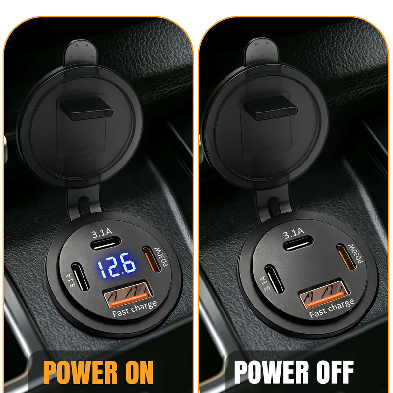 2 PCAK 12V USB Outlet PD Fast Charging, Multi Port Car Charger Socket 12V/24V with Voltmeter, Waterproof USB Cigarette Lighter Replacement for Car Boat Marine RV Golf Cart