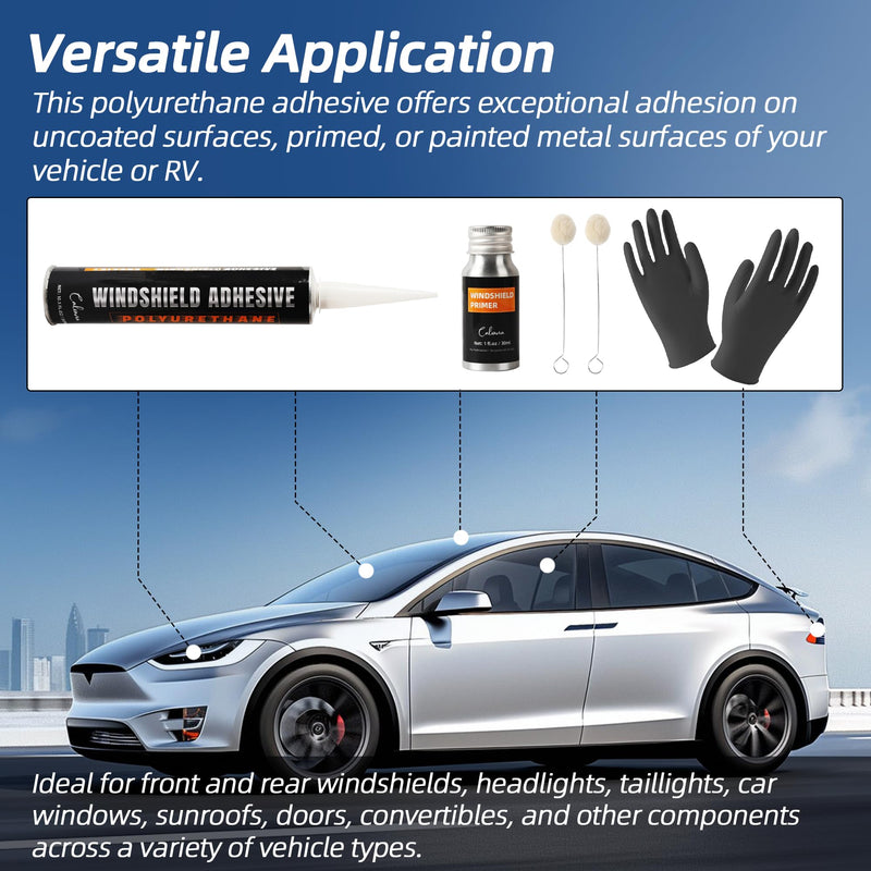 Urethane Windshield Adhesive 310ml, Automotive Polyurethane Sealant, Car Glass Chip & Crack Repair Kit with 1 windshiel Primer, 1 Pair Gloves, 2 Applicator Sticks, Quick Curing, Black Adhesive1pk+Primer1pk