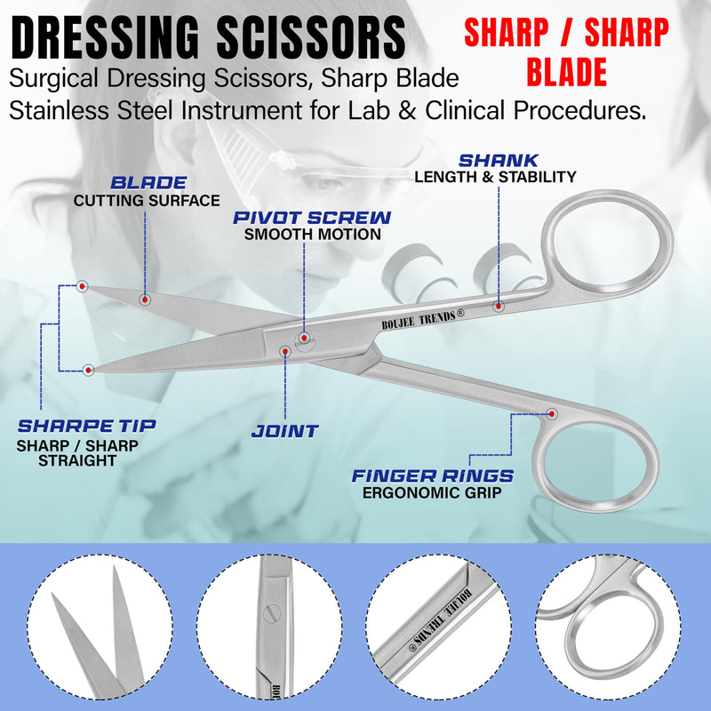 Precise Quality Stainless Steel Surgical Dressing Scissors Medical Dissecting Sharp Scissors Straight General Art Craft Paper Shears (Sharp/Sharp) Sharp/Sharp