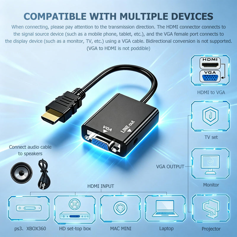 HDMI to VGA Converter HDMI Male to VGA Female Plug Converter with 3.5mm Audio Jack and Adapter Cable for Laptops,Televisions,Monitors etc
