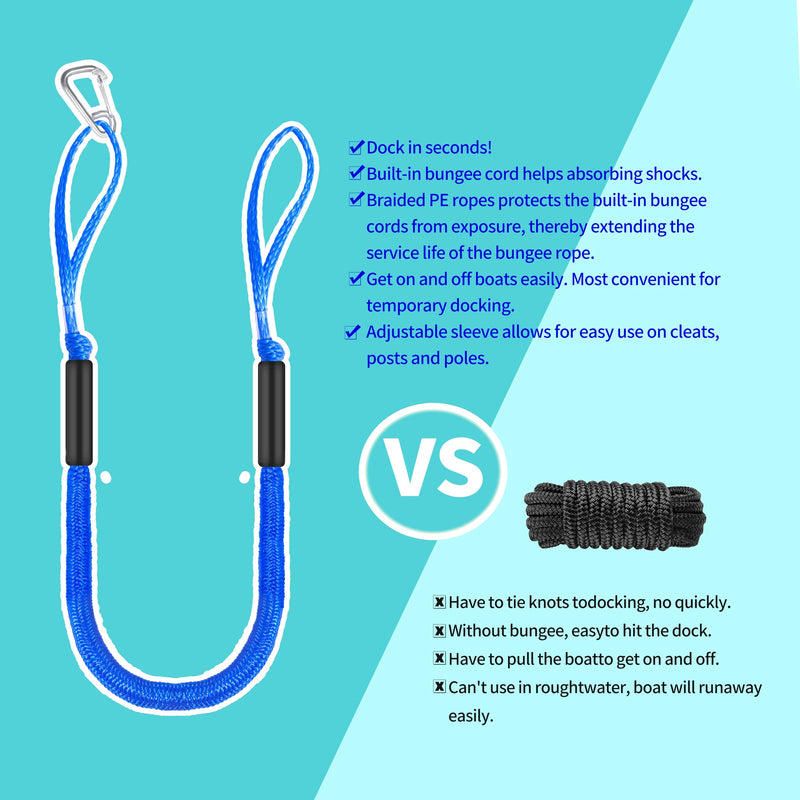 Boat Bungee Dock Lines 4 ft - Single Hook Dock Rope with 2 Loops, 2 Pack (Blue) blue