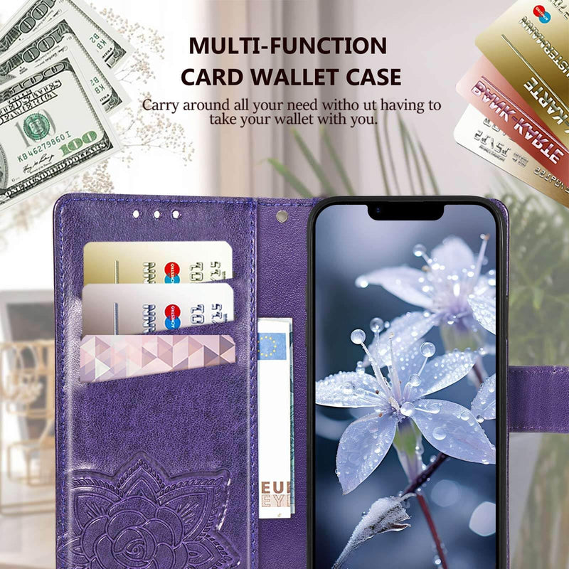 for iPhone 17e Wallet Case for Women,Butterfly Flip Cover,Purple | Embossed PU Leather, Stand, Card Holder Slots, Wrist Strap,Protective Phone Purse 6.1" Purple