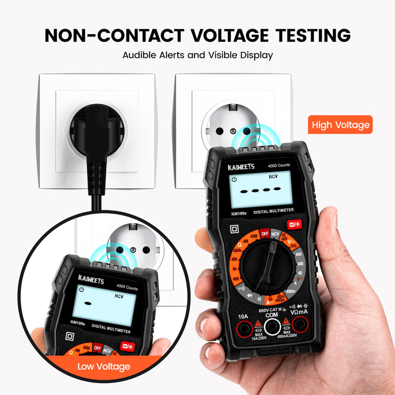 KAIWEETS Digital Multimeter 4000 Counts, Voltage Tester with Accurate Ohm Volt Amp Readings, DC/AC Voltmeter Clearly Measures Resistance Continuity Diode Capacitance NCV for Household and Automotive KM100S