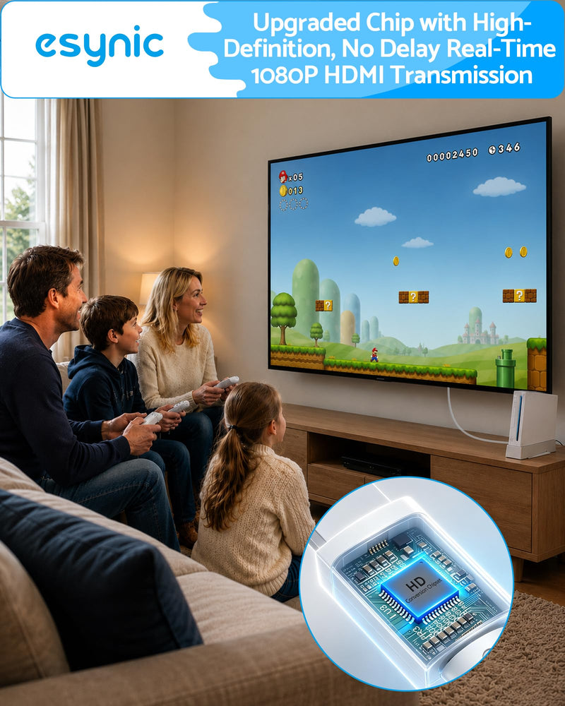 eSynic Wii to HDMI Adapter 1080P-Portable HDMI Converter for Nintendo Wii/Wii U to HDTV-Includes HDMI Cable-Plug & Play-Supports 480p/720p/1080p –Perfect for Family Game Night with Kids