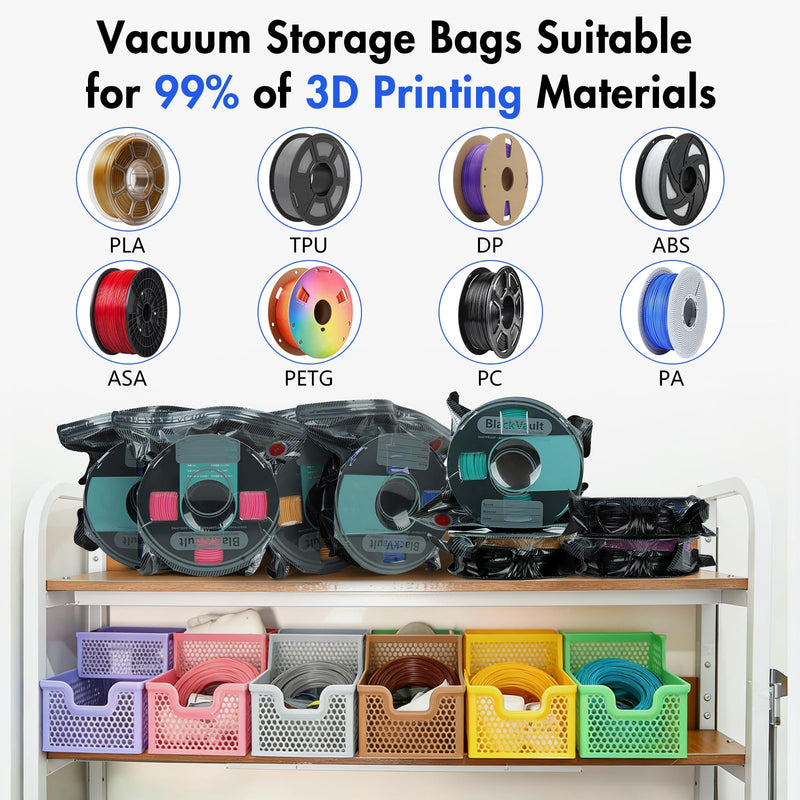 Hifree 25 Pcs 3D Filament Vacuum Storage Bags Kit with 5 Sealing Clip and 1Pump PA/DP/PC/PLA/ABS/TPU/ASA/PETG Lightproof Dustproof Humidity Resistant Reusable Vacuum Storage Seal Bag(12.6" X 13.4") 25PCS Storage Bags+Pump