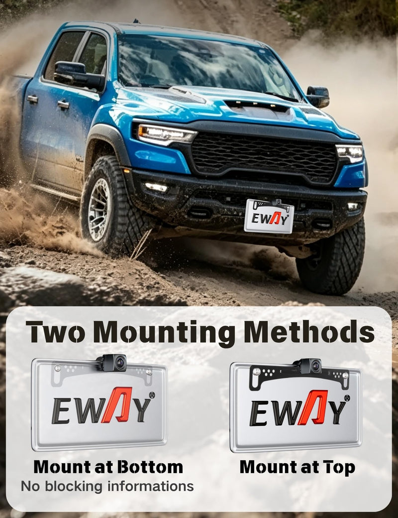 EWAY Universal Rear View Camera Bracket for License Plate, Stainless Steel | Anti-Rust Paint Backup Reverse Camera Holder, 170-Degree Adjustment, Full Accessories, 2 Low High Mounts for Narrow Space 1-pack