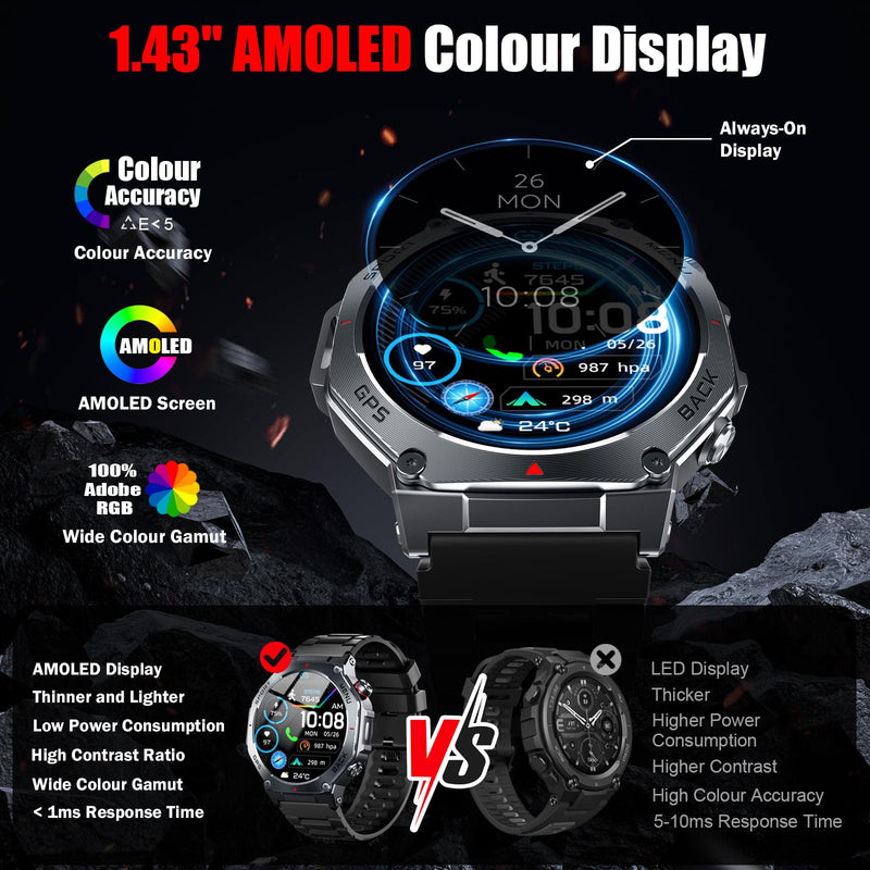 Jugeman Military Smart Watch for Men GPS with LED Flashlight-Dark Black | 1.43" AMOLED Display, 5ATM Waterproof, Compass, Fitness Tracker, Heart Rate/Sleep/Blood Oxygen, Watches for Android/iPhone