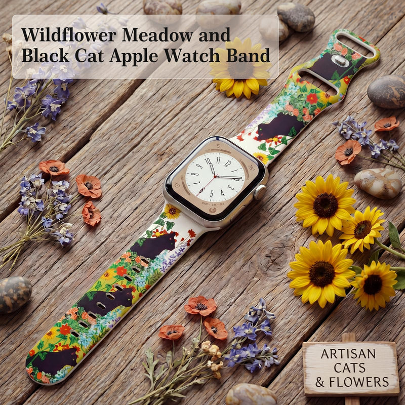 Floral Band Compatible with Apple Watch Band 41mm 40mm 38mm 45mm 44mm 42mm 49mm Women, Soft Silicone Printed Sport Strap for iWatch Series 11 10 9 8 7 6 5 4 3 SE Ultra Wildflower Meadow & Black Cat 38mm/40mm/41mm/42mm(series 11 10)