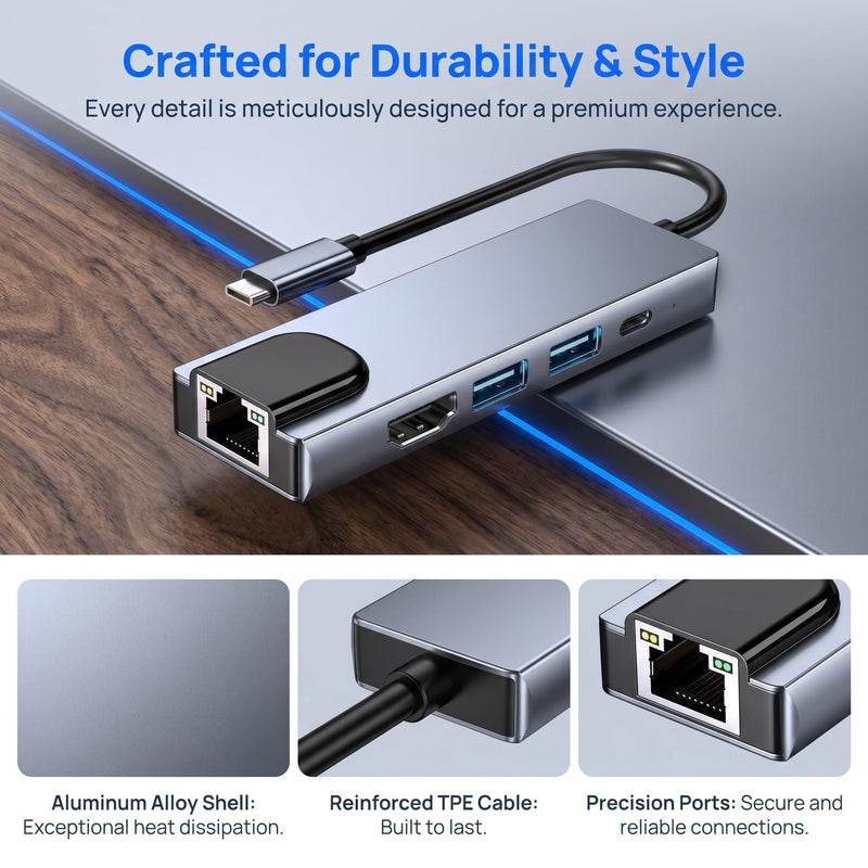 5-in-1 USB C Hub with Gigabit Ethernet 4K HDMI & 2 USB 3.0 Ports PD Charging Aluminum Type-C Dock for Laptop 5-in-1LAN