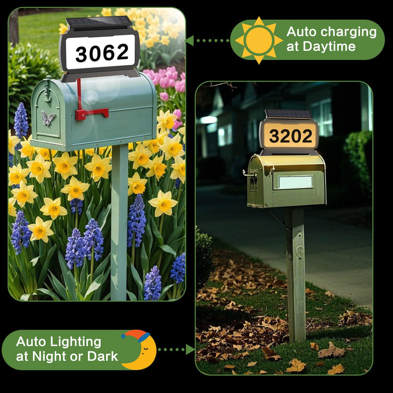 Solar Address Sign, House Number Sign with 3 Lighting Modes, Mailbox Numbers for Outside, In Ground & Wall/Mailbox Mounted, Waterproof Yard Sign, Illuminated One Sided