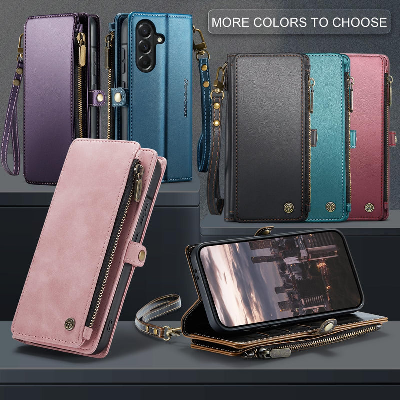 Defencase for Samsung Galaxy A37 5G Wallet Case with Card Holder, Coffee | RFID Blocking, Zipper Pocket, Durable PU Leather, Wrist Strap, Fashion Snap Flip Phone Cases Cover with Stand for Women Men
