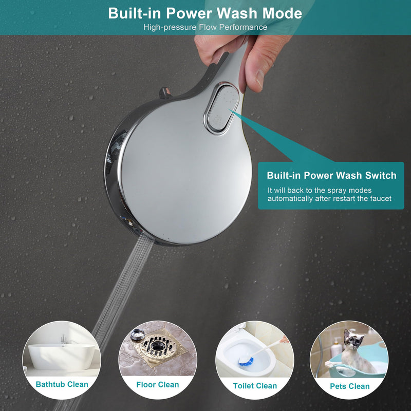GwernKB Handheld Shower Head with on off Switch&Built-in Power Spray,7-Setting High Pressure Spray Shower Wand with 79in Long Hose&Bracket and Extra Adhesive Shower Holder for Lower Mount,Chrome Silver