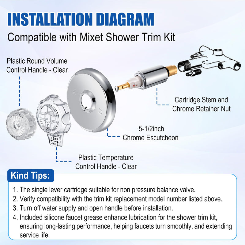 Single Lever Tub and Shower Rebuild Kit, Compatible with Mixet Shower Valves Repair Parts, Includes Cartridge Stem, Shallow Flange, Temperature and Volume Control Handle (Clear Handle)