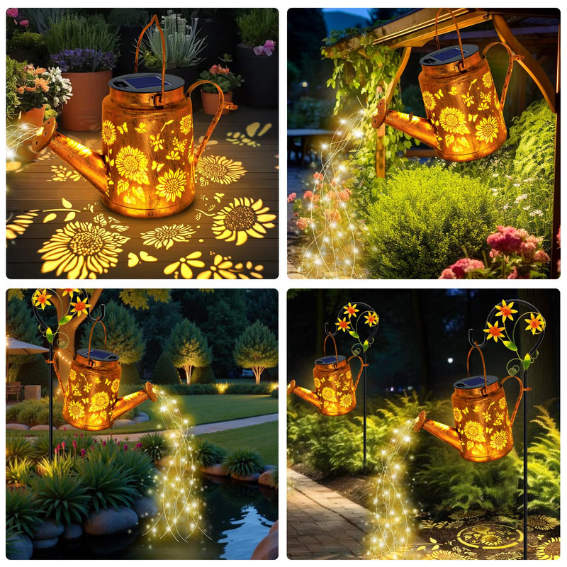 Solar Lights Outdoor Waterproof, Sunflower Solar Watering Can Lights with Shepherd Hook, Metal Hanging Lantern Garden Decor Yard Outside Patio Lawn, Gifts for Mom Grandma Women Birthday