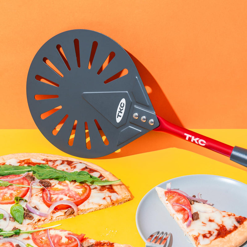 TKC 9" Perforated Pizza Peel, Professional Aluminum Pizza Turning peel, Long Handle Metal Pizza Spatula for Indoor and Outdoor, Lightweight Non-Stick Pizza Turner - Pizza Oven Accessories RED 9 Inch Red/Gray