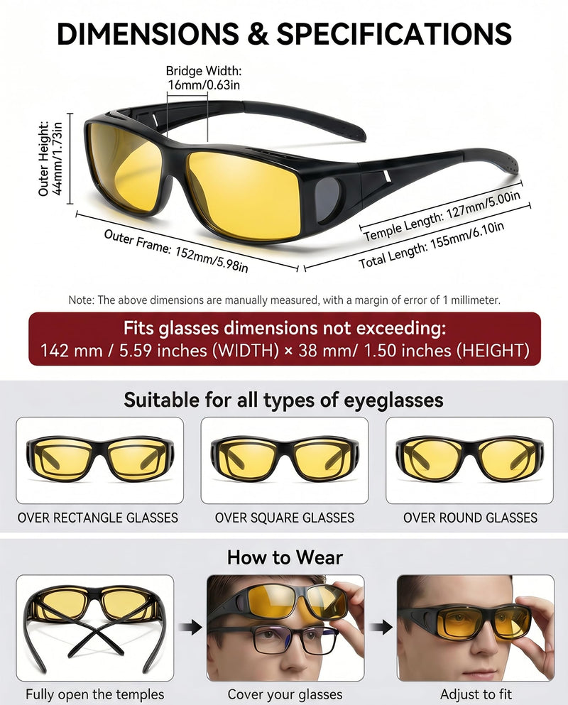 OptiCraft Blue Light Blocking Glasses Wear Over Prescription | Relieve Eye Strain, Better Sleep, Block UV400 & 380-500nm Rays Black Frame / Amber Yellow Tinted Lens