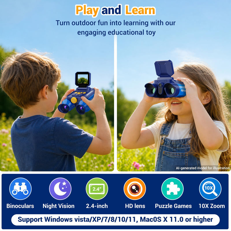 Binoculars for Kids with HD Screen & Night Vision & Games, STEM Science Educational Toy Science Kits STEM Toys for Outdoor, Travel Nature Exploration, Gift for 3+ Years Old Boys & Girls (Navy Blue)