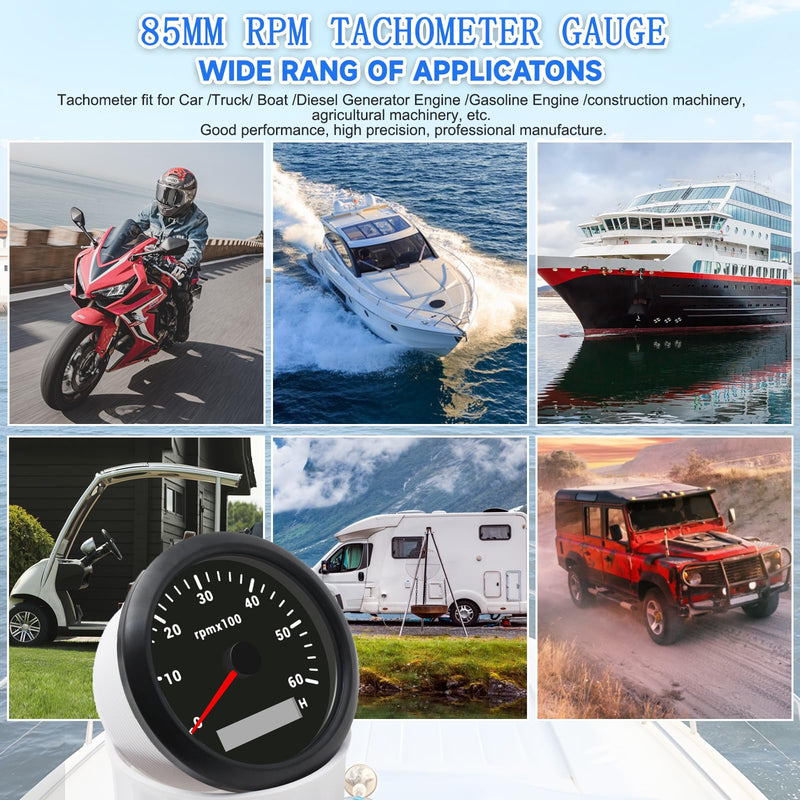 85MM RPM Tachometer Gauge 6000RPM Automotive Replacement Tachometers 0-6000 RPM Tacometro Meter LED for Car Auto Boat Truck Tachometer Gauge 7 Colors Backlight 9-32V 3-3/8" Black 6000 RPM